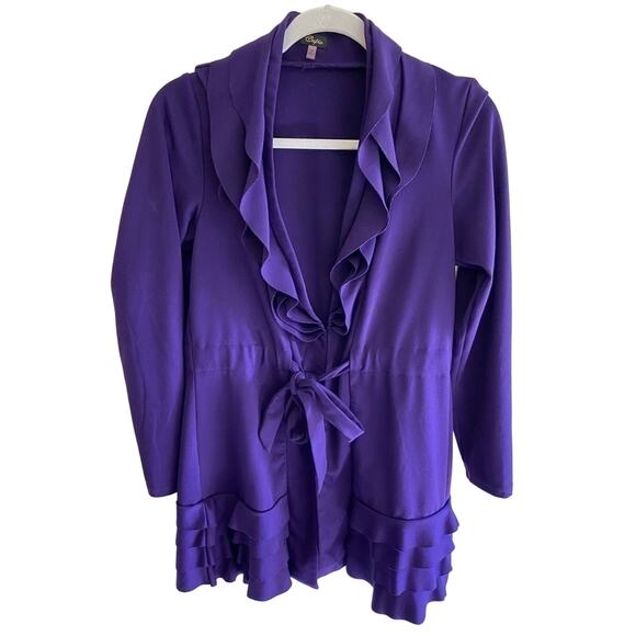 Cupio Purple Knit Collared Ruffled Tiered Waist Tie Stretchy Open Blouse Size M - Picture 1 of 8